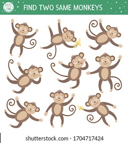 Find two same monkeys. Tropical matching activity for preschool children with cute animals. Funny jungle puzzle for kids. Logical quiz worksheet. Simple summer game for kids
