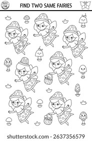Find two same mushroom fairies. Fairyland black and white matching activity, coloring page for children. Magic garden or forest educational quiz worksheet for kids. Printable game with cute girl