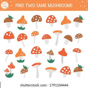 Find two same mushrooms. Autumn matching activity for children. Funny educational fall season logical quiz worksheet for kids. Simple printable game with forest plants
