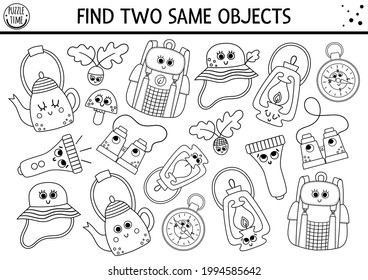 Find two same objects. Camping black and white matching activity for children. Outline worksheet or coloring page with kawaii backpack, compass, lantern. Simple printable summer camp game 


