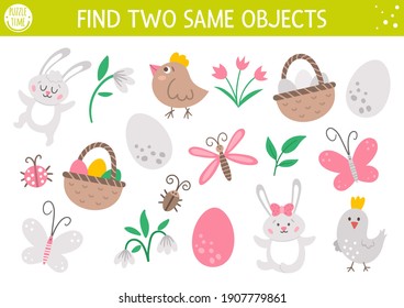 Find two same objects. Easter matching activity for children. Funny spring educational logical quiz worksheet for kids. Simple printable game with cute bird, egg, bunny, basket, flower
