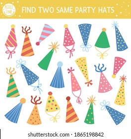 Find two same party hats. Holiday matching activity for children. Funny educational Birthday logical quiz worksheet for kids. Simple printable celebration game with cute accessory
