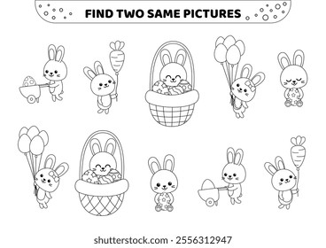 Find two same pictures. Black and white. Easter bunnies. Printable game for children. Spot two identical pictures. Isolated vector illustration eps 10