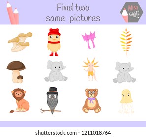 find two same pictures. Cartoon Vector Illustration Educational Activity for Preschool Children.