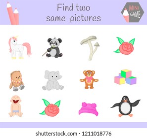 find two same pictures. Cartoon Vector Illustration Educational Activity for Preschool Children.