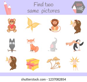 find two same pictures. Cartoon Vector Illustration Educational Activity for Preschool Children.