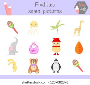 find two same pictures. Cartoon Vector Illustration Educational Activity for Preschool Children.