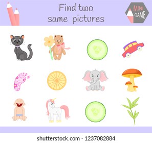 find two same pictures. Cartoon Vector Illustration Educational Activity for Preschool Children.