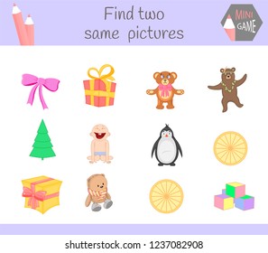 find two same pictures. Cartoon Vector Illustration Educational Activity for Preschool Children.