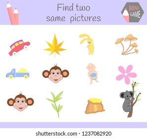 find two same pictures. Cartoon Vector Illustration Educational Activity for Preschool Children.