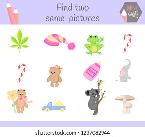 find two same pictures. Cartoon Vector Illustration Educational Activity for Preschool Children.