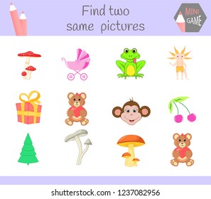 find two same pictures. Cartoon Vector Illustration Educational Activity for Preschool Children.