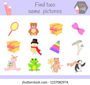 find two same pictures. Cartoon Vector Illustration Educational Activity for Preschool Children.