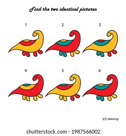 Find two same pictures. Colored dinosaurs. A puzzle game for children. Logical worksheet for preschool kids. Vector illustration.