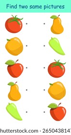 Find two same pictures. Colored fruits and vegetables on white background. Educational game for children's activity book, worksheet, print. Vector illustration.