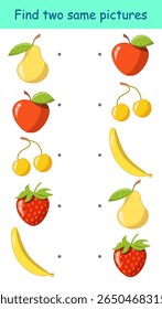 Find two same pictures. Colored fruits on white background. Educational game for children's activity book, worksheet, print. Vector illustration.