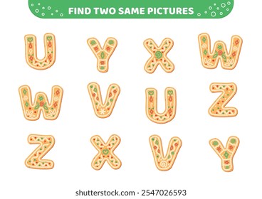 Find two same pictures. Cookies alphabet. Game for children. Isolated vector illustration eps 10