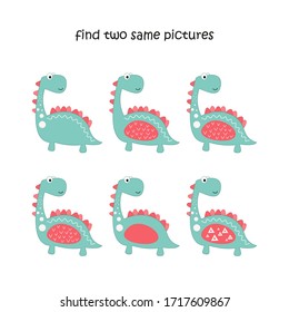 Find two same pictures - cute dinosaurs. Logic games for kids. Vector illustration. Little dino.