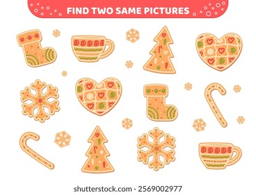 Find two same pictures. Cute christmas gingerbreads. Game for children. Isolated vector illustration eps 10