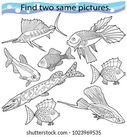Find two same pictures, education game for  children.Vector black and white.   Sea animals. A set of fish.