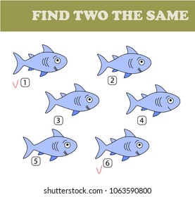 Find two the same pictures, education game for children. Kids activity sheet. Vector color set of sharks.