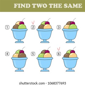 Find two the same pictures, education game for children. Kids activity page. Ice cream in bowl