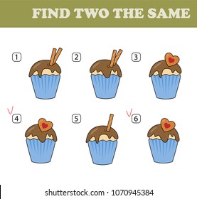 Find two the same pictures, education game for children. Kids activity page. Printable sheet. Muffins