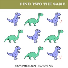 Find two the same pictures, education game for children. Kids activity page. Printable sheet. Dinosaurs. Tyrannosaurus rex. Brachiosaurus.