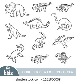 Find Two The Same Pictures, Education Game For Children. Black And White Set Of Dinosaurs