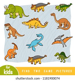 Find two the same pictures, education game for children. Colorful set of dinosaurs