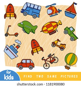 Find two the same pictures, education game for children. Colorful set of transport objects 