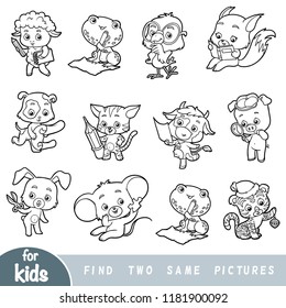 Find two the same pictures, education game for children. Black and white set of cartoon cute animals