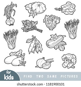 Find two the same pictures, education game for children. Black and white set of vegetables