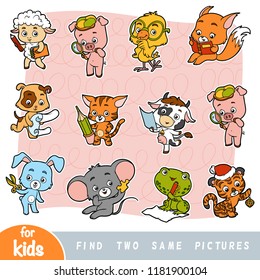 Find two the same pictures, education game for children. Colorful set of cartoon cute animals