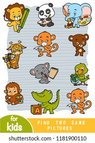 Find two the same pictures, education game for children. Colorful set of cartoon cute animals