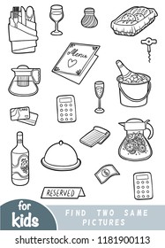 Find two the same pictures, education game for children. Black and white set of objects for a restaurant