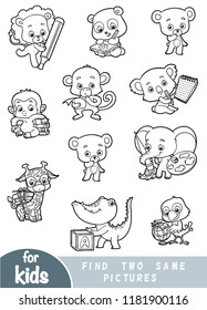 Find two the same pictures, education game for children. Black and white set of cartoon cute animals