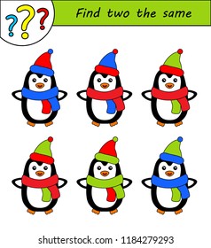 Find two the same pictures, education game for children. Kids activity page. Printable sheet. Penguins.
