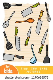 Find two the same pictures, education game for children. Color set of kitchen utensils