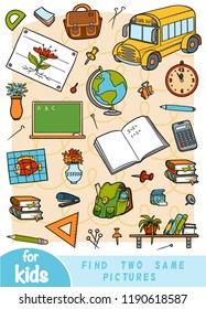 Encuentra dos fotos, juego de educación para niños. Conjunto de colores de los objetos escolares