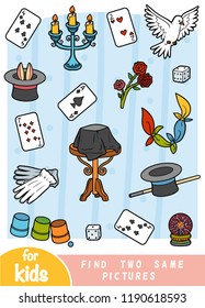 Find two the same pictures, education game for children. Color set of magician items