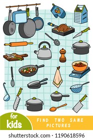 Find two the same pictures, education game for children. Color set of kitchen objects