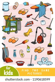 Find two the same pictures, education game for children. Color set of objects for cleaning and housekeeping