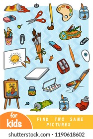 Find two the same pictures, education game for children. Color set of artists objects