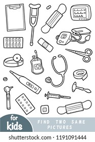 Find two the same pictures, education game for children. Black and white set of medicine items