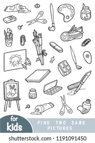 Find two the same pictures, education game for children. Black and white set of artists objects
