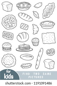 Find two the same pictures, education game for children. Black and white set of bakery products