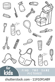 Find two the same pictures, education game for children. Black and white set of hairdressers items