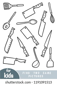 Find two the same pictures, education game for children. Black and white set of kitchen utensils