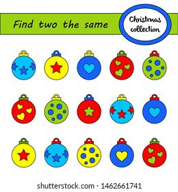 Encuentra dos fotos, juego de educación para niños. Página de actividad infantil. Hoja imprimible. Bolas de Navidad